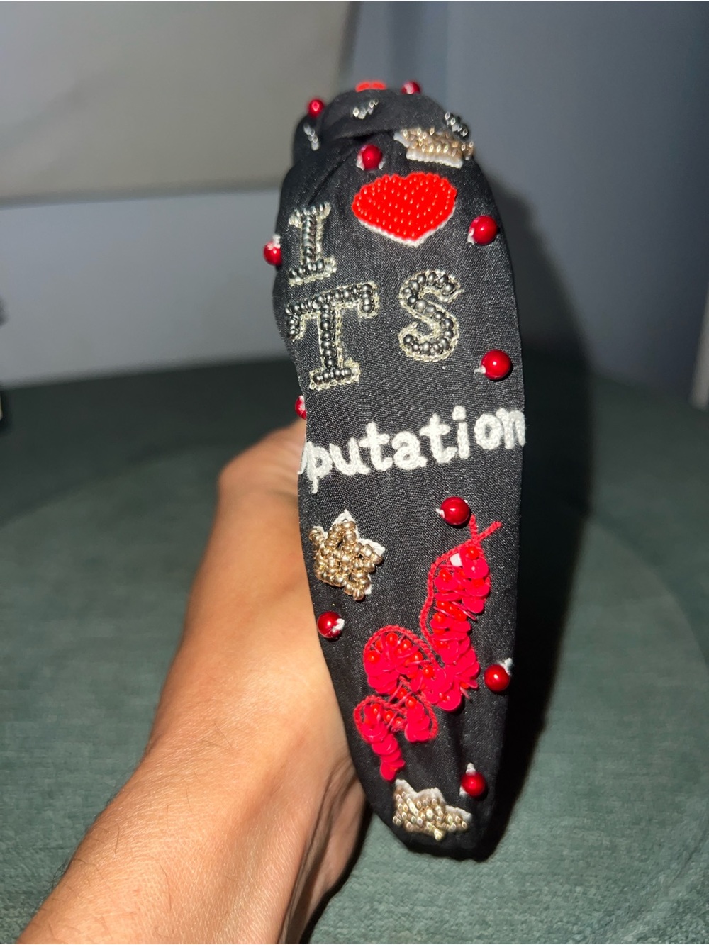 Embellished Black Taylor Swift Reputation Headband with Red Accents